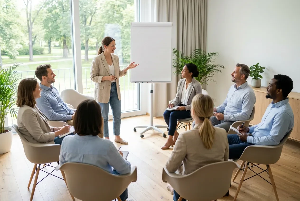 Kursleiterin moderiert eine unterstützende Gesprächsrunde in einem hellen Seminarraum