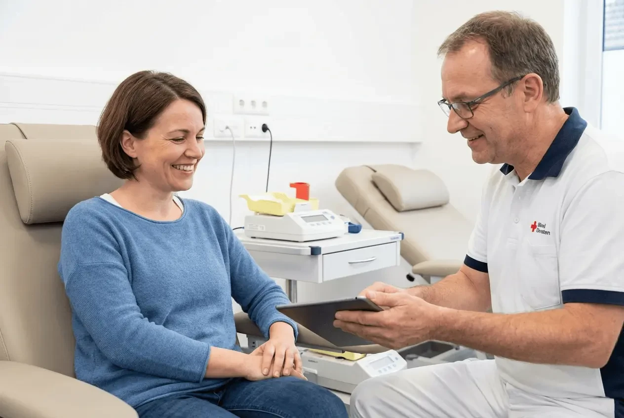 Medical staff digitally organizes the flow of a blood donation drive via tablet to avoid waiting times