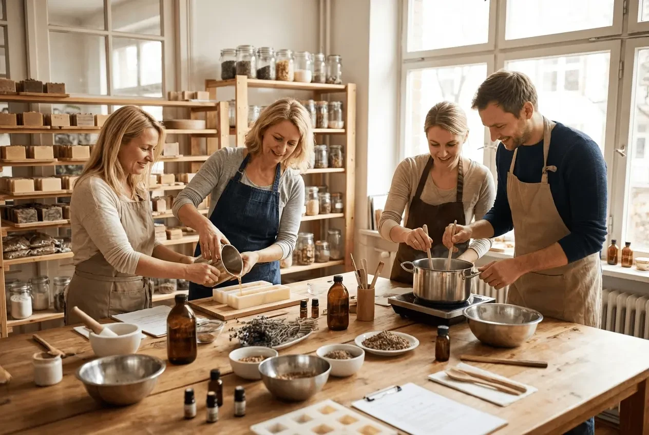 Participants in a soap workshop pouring natural soap into silicone molds with essential oils and dried flowers