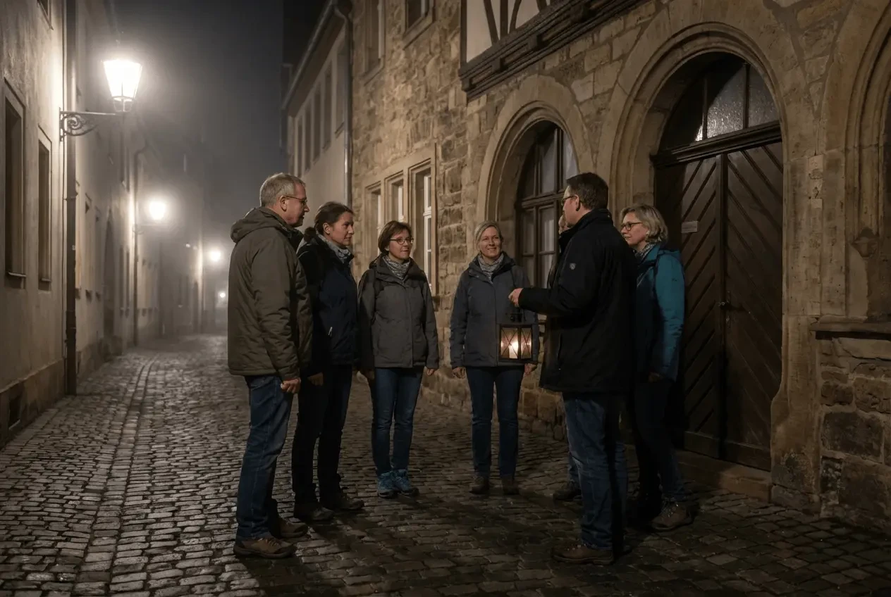Nachtwächter führt Touristengruppe mit Laterne durch dunkle historische Gasse bei einer Gruselführung
