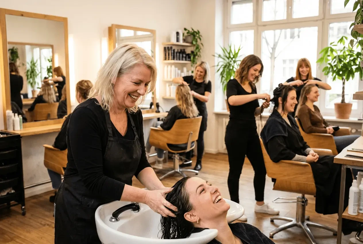 Hair salon online appointment booking on smartphone in front of styling background