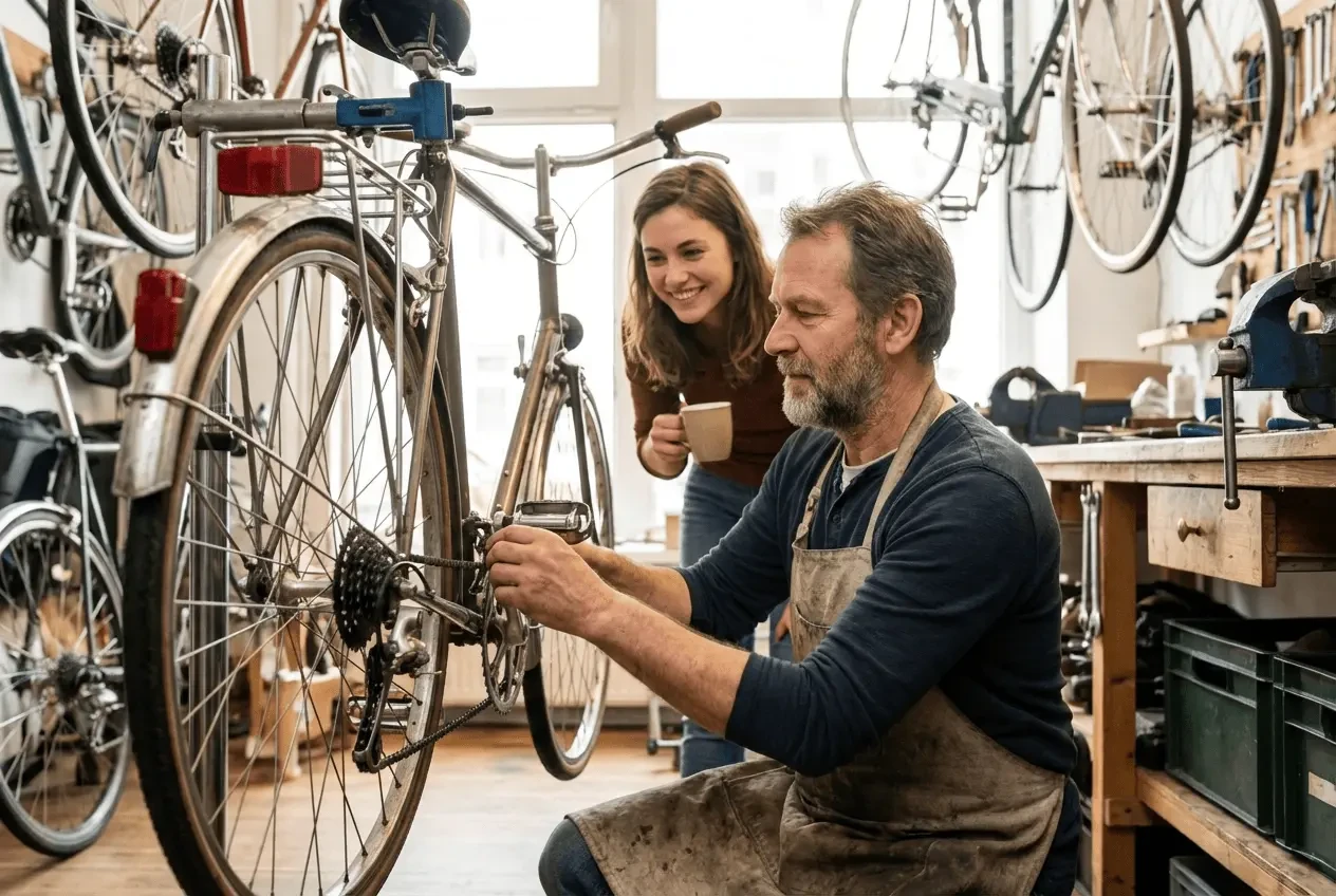 Bicycle mechanic repairing e-bike in a modern workshop with digital scheduling on a tablet