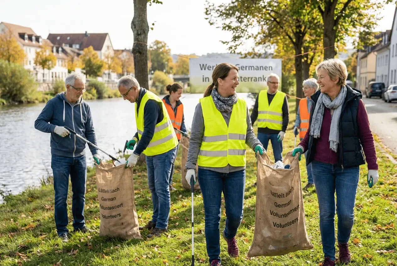 Group of volunteers at a joint clean-up campaign with gloves and trash bags in nature