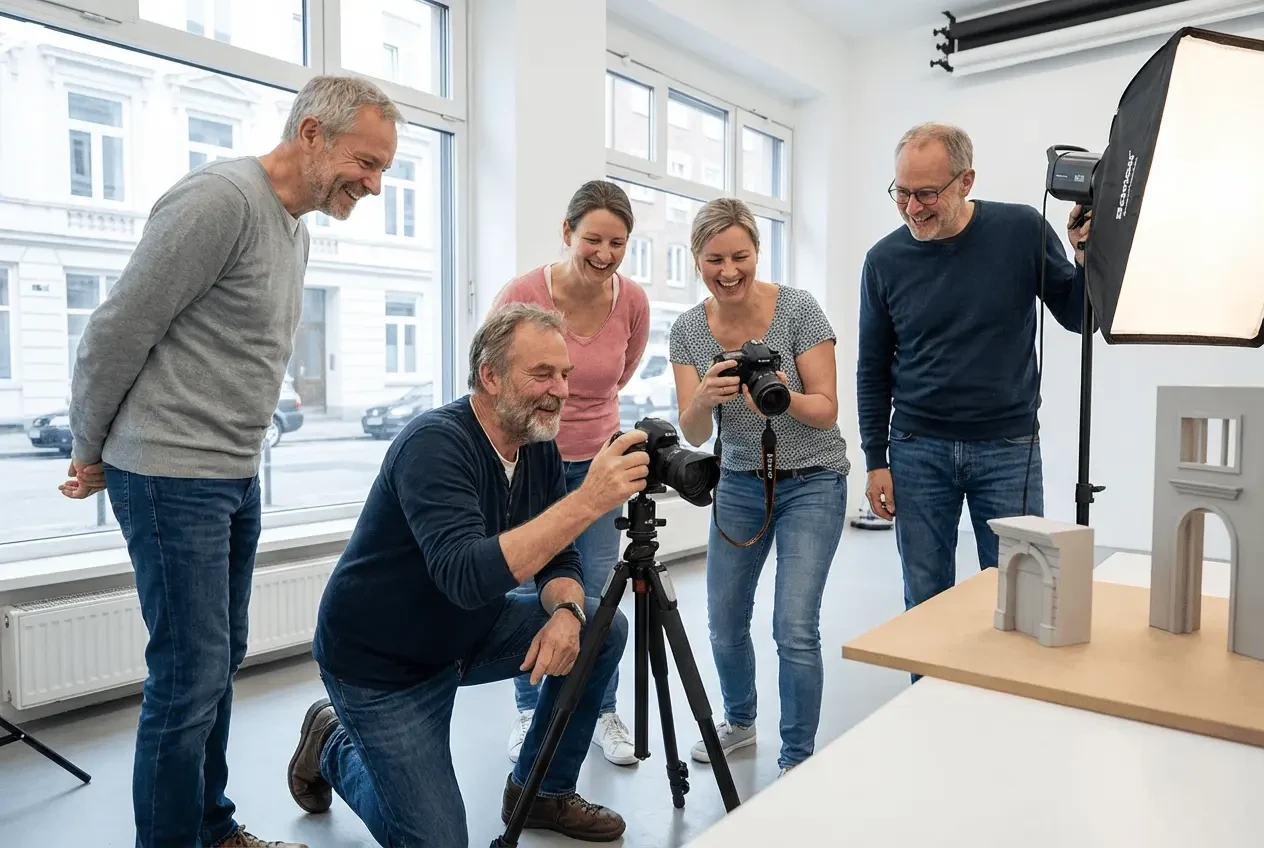 Photographer explaining camera settings to participants in a professional photo studio workshop