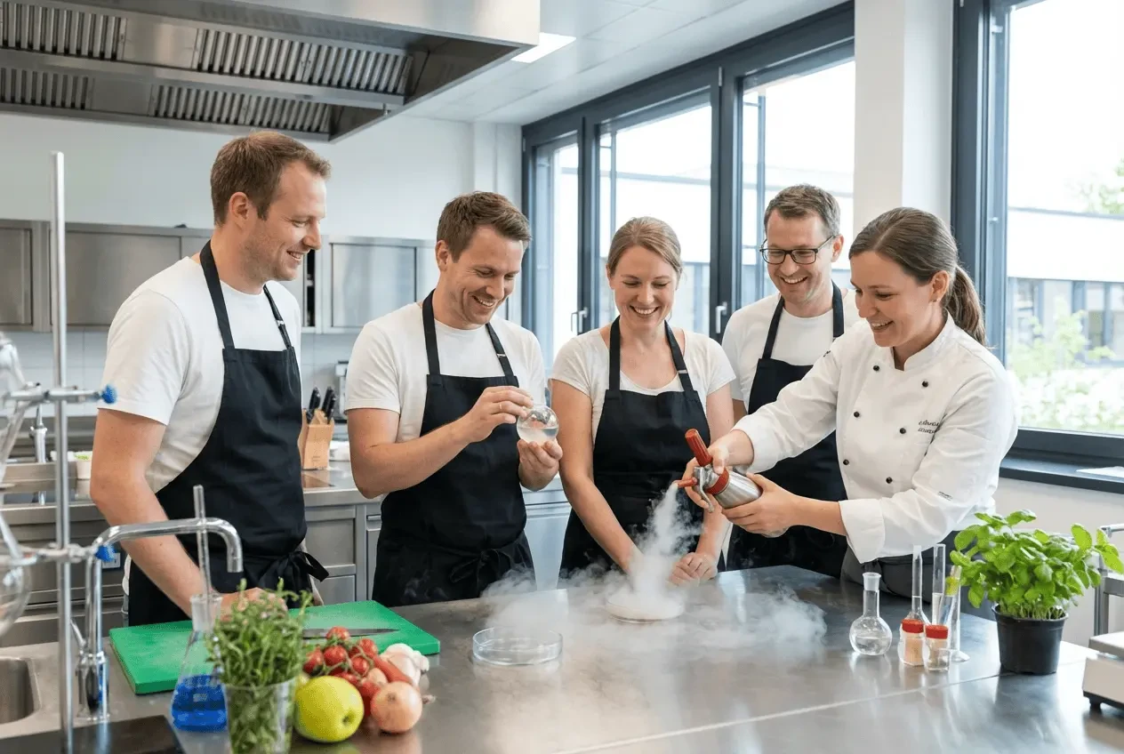 Introductory molecular cooking course participants preparing caviar pearls and foams
