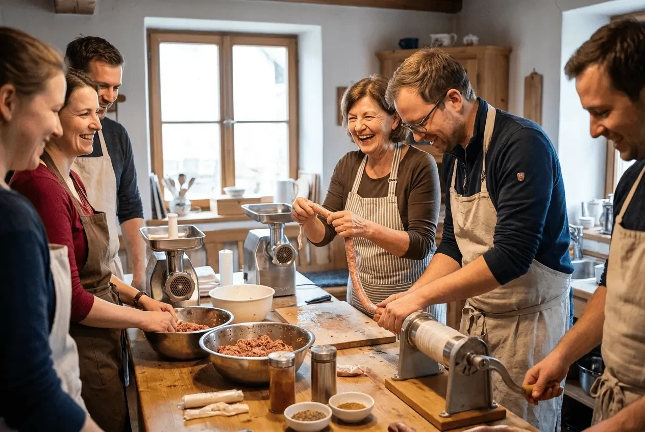 Happy participants in the sausage kitchen during a sausage making workshop and making their own bratwurst