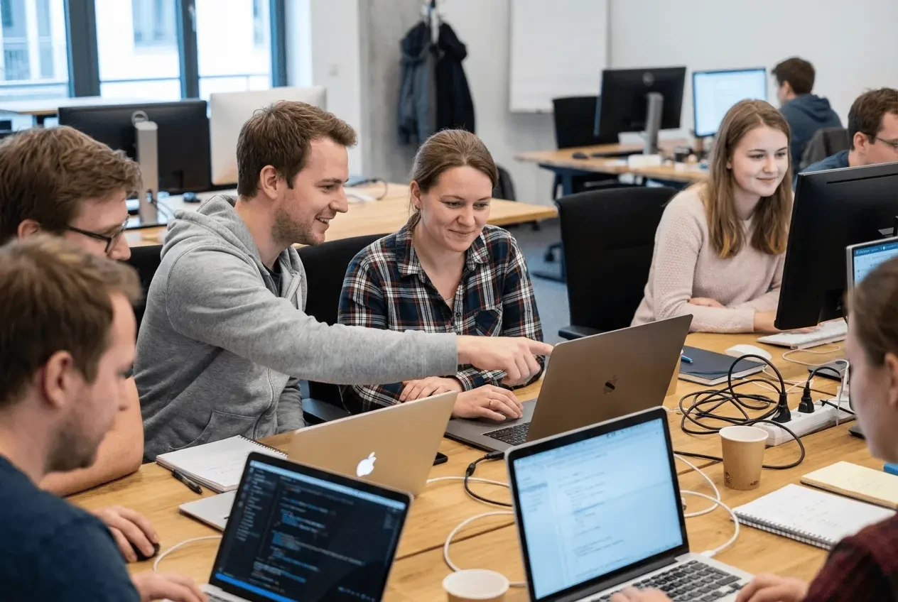 Laptop und Tablet zeigen Dashboard zur Verwaltung von Coding-Bootcamps und Teilnehmerlisten in einer modernen Programmierschule