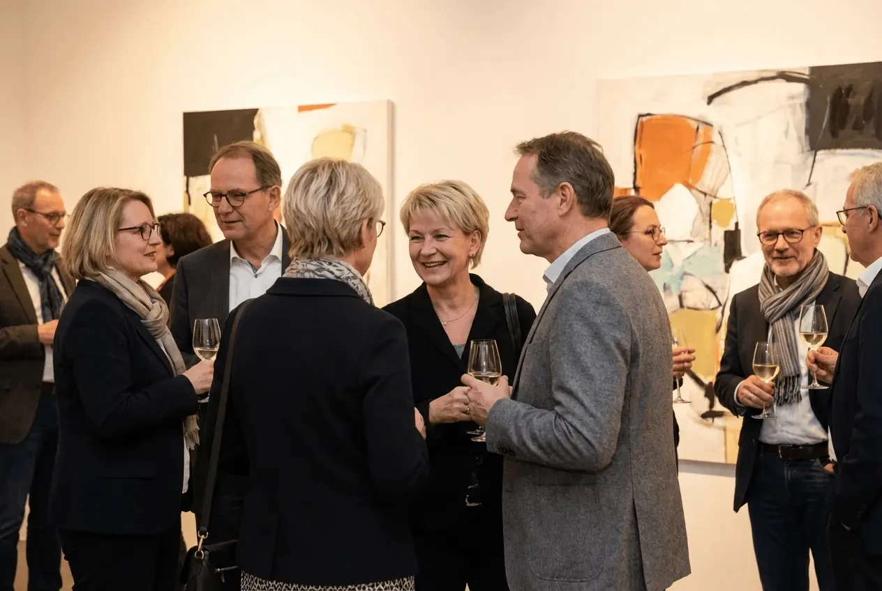 Gut besuchte Vernissage in einer modernen Kunstgalerie mit Gästen vor Exponaten