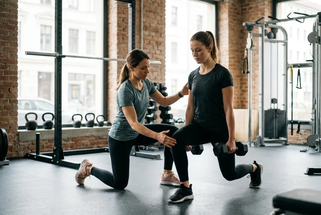 Fitnesstrainerin leitet eine Kraftübung mit Kurzhanteln im Fitnessstudio an