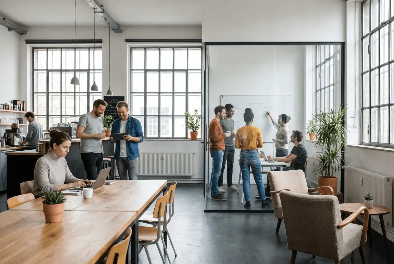 Modern coworking space with meeting rooms and flexible workstations for online booking