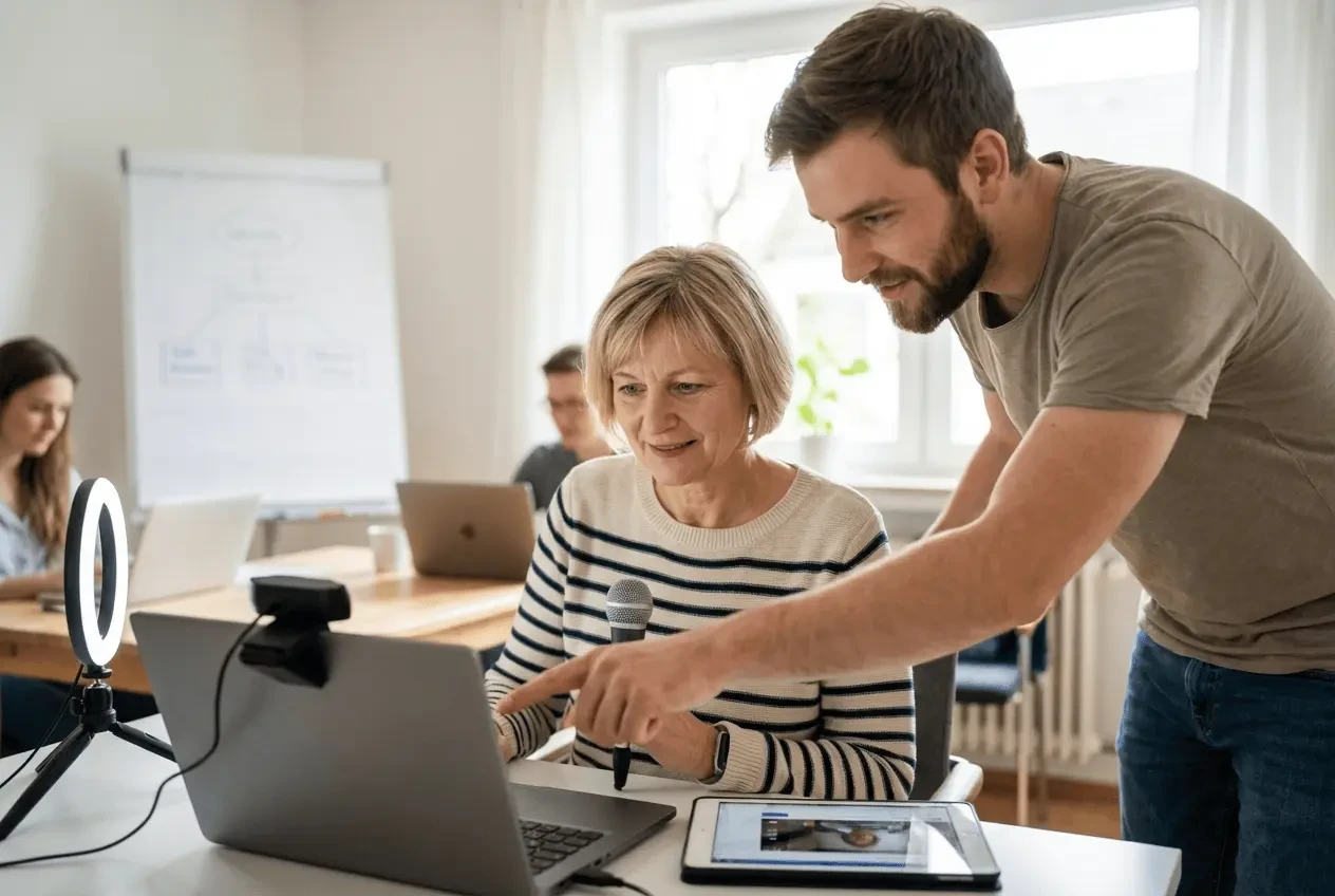 Professionelles Livestreaming Setup für Online Kurse und Webinare mit Coach vor Kamera