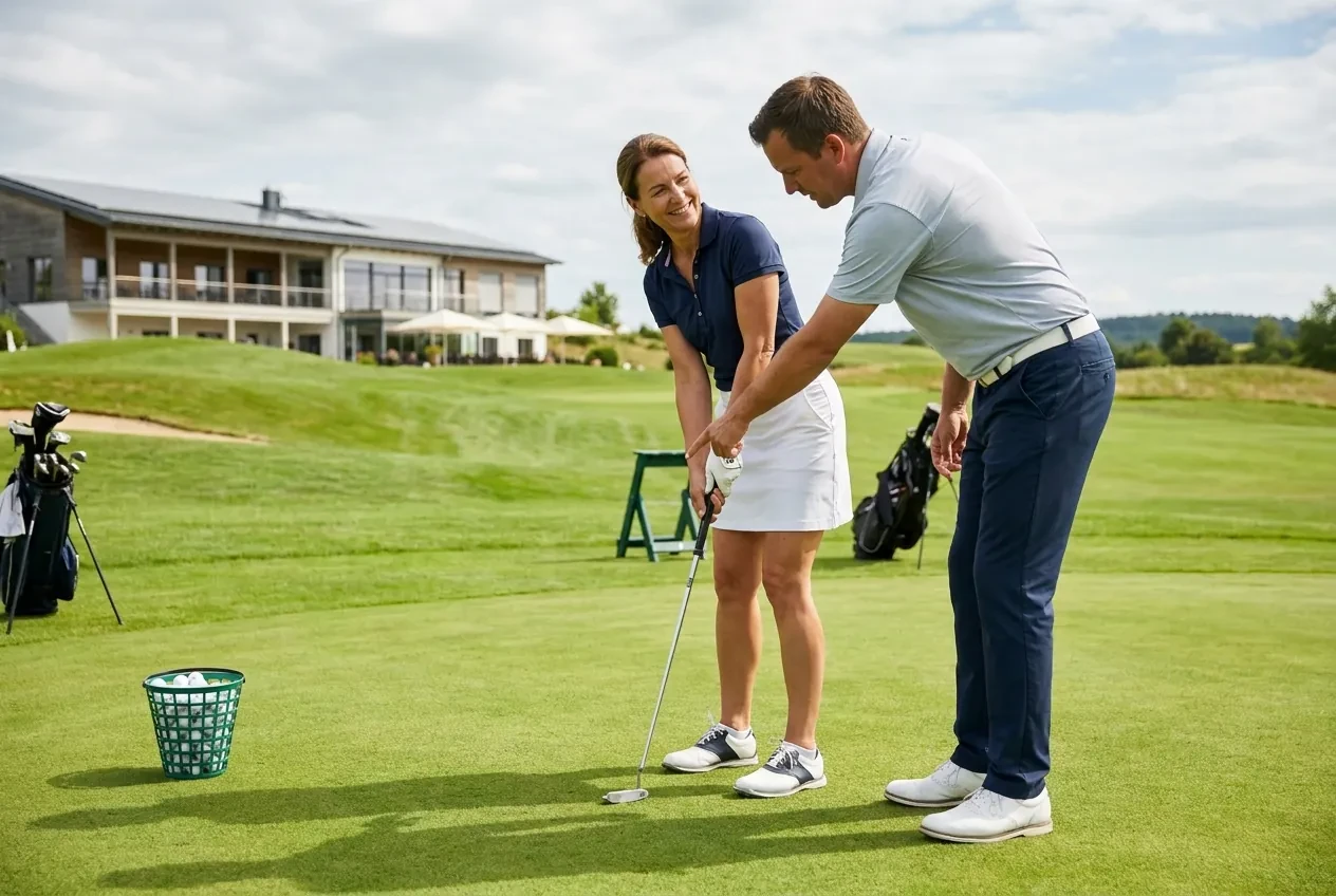 Golf instructor showing an adult beginner how to hold a club on the practice green