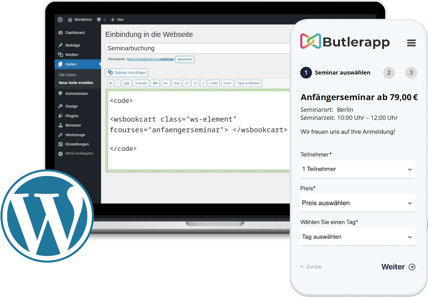 Modern wordpress website displaying a seminar booking calendar and registration form integration