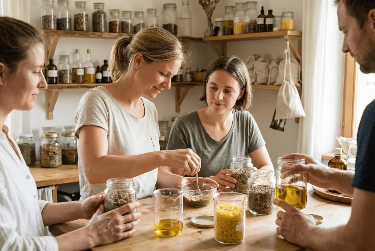 Teilnehmerin beim Naturkosmetik selber machen Kurs rührt Creme in Glasschale