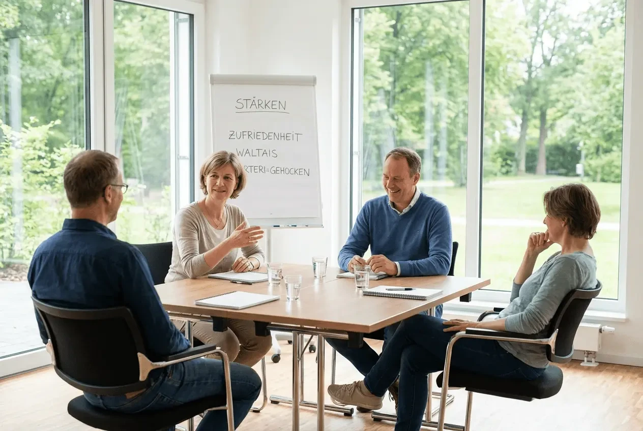 Zufriedener Coach verwaltet Online-Buchungen für Resilienz-Kurse und Stressmanagement-Seminare am Computer