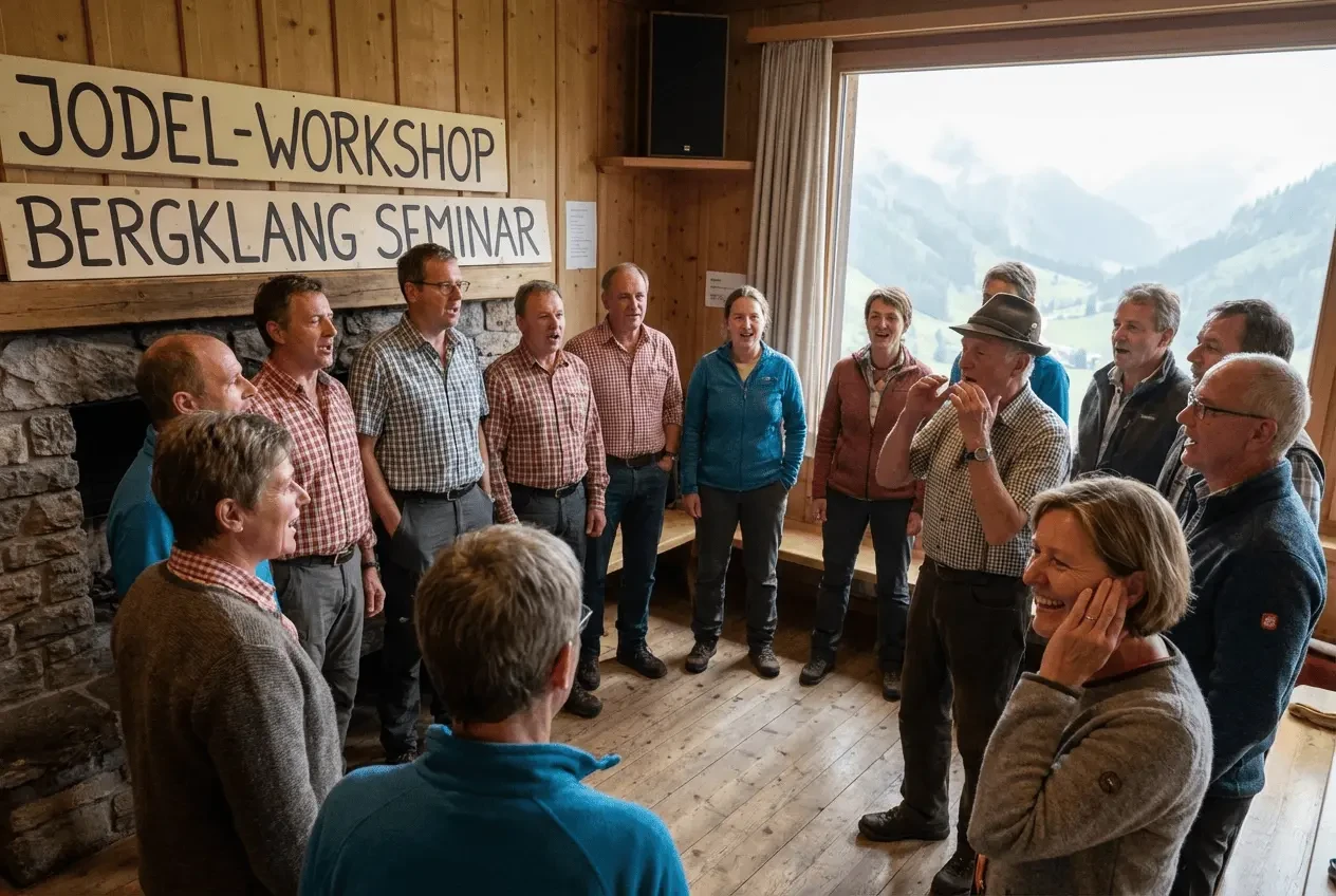 Yodeling workshop group at a mountain hut learning to yodel and sing