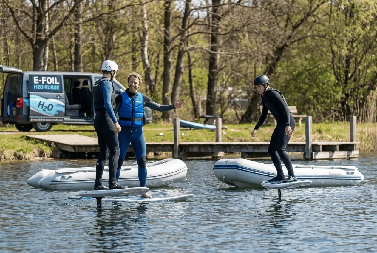 Electric e-foil hydrofoil surfboard glides over the water during a surf course with instructor