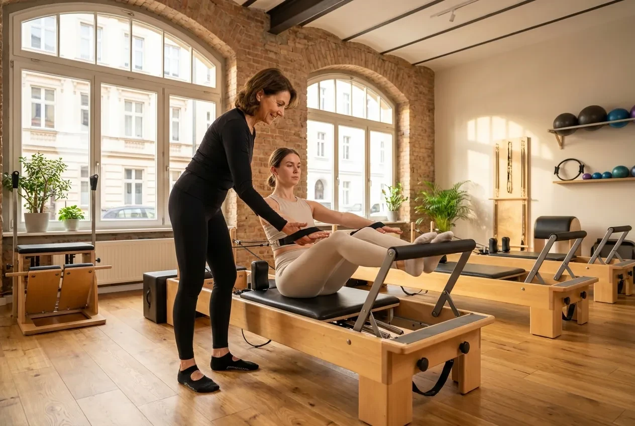 Professional Pilates training on a reformer in a modern studio with an instructor