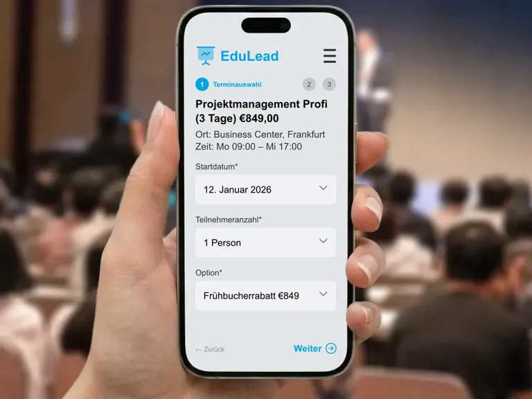 Online Anmeldeformular für Seminare und Workshops auf Smartphone und Desktop zur Optimierung der Buchungsquote