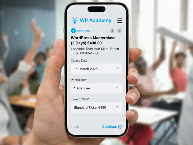 Seamlessly integrated WordPress booking system and course calendar without complicated plugins in your own website design