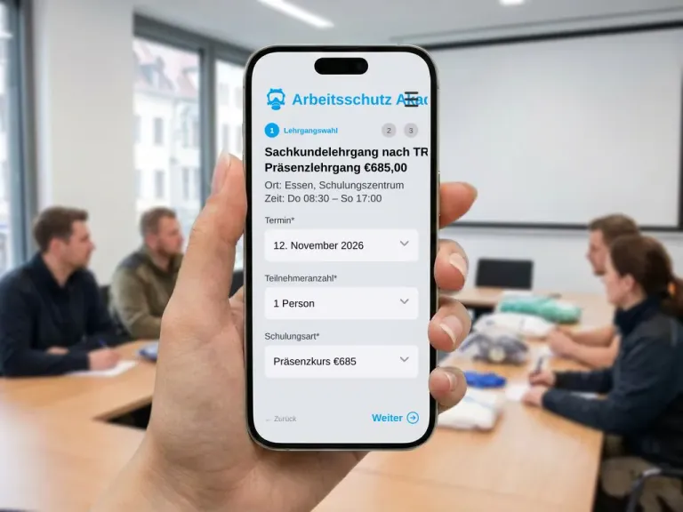 Handy mit deutschem Anmeldeformular für einen TRGS-519-Sachkundelehrgang vor unscharfer Schulungsszene