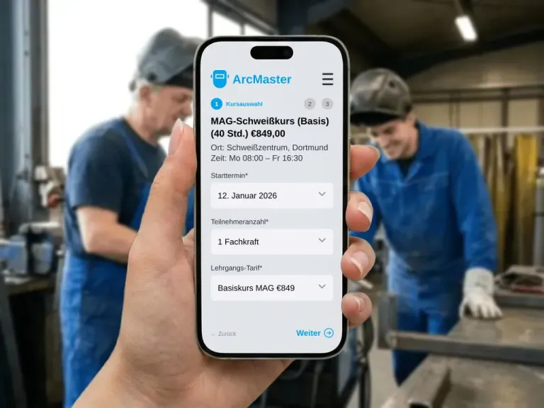 Mobiles Buchungsformular für einen Schweißkurs vor einer Ausbildungswerkstatt
