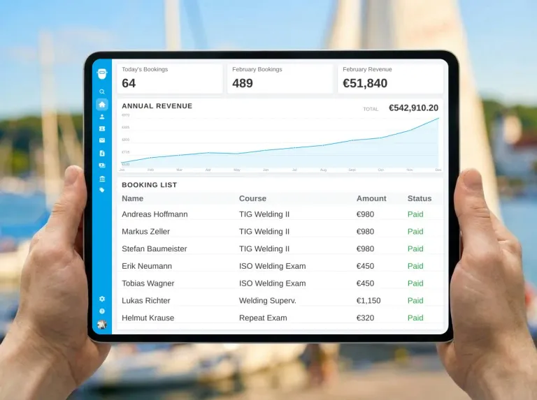 Butlerapp dashboard with booking and revenue overview for welding courses on a tablet