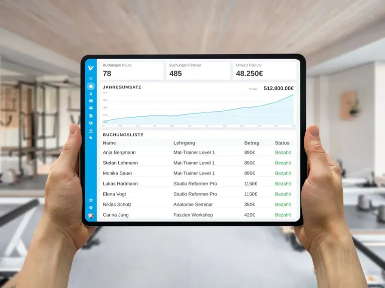 Butlerapp Dashboard mit Buchungsliste für Pilates-Lehrgänge und Seminare