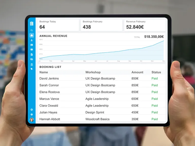 Digital participant list and clear dashboard for organizing workshop registrations and payment status
