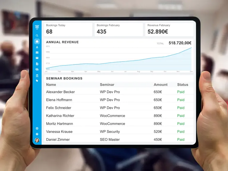 Automated e-invoicing and financial management for seminar bookings and course provider dashboard