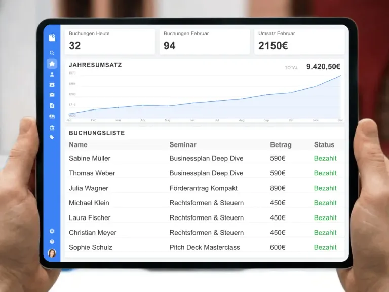Automated invoice generation and accounting overview for startup consulting and seminar organizers including e-invoicing