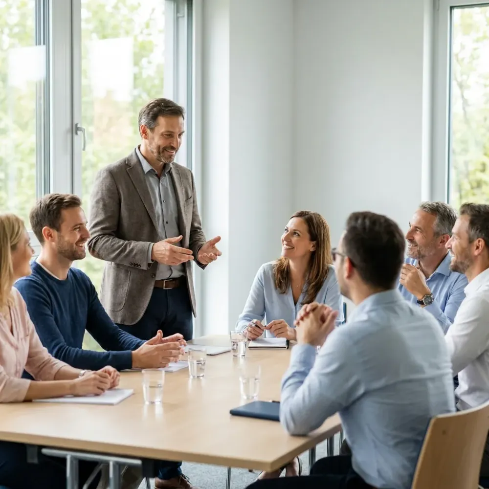Kursleiter im Gespräch mit einer Gruppe in einem hellen Seminarraum