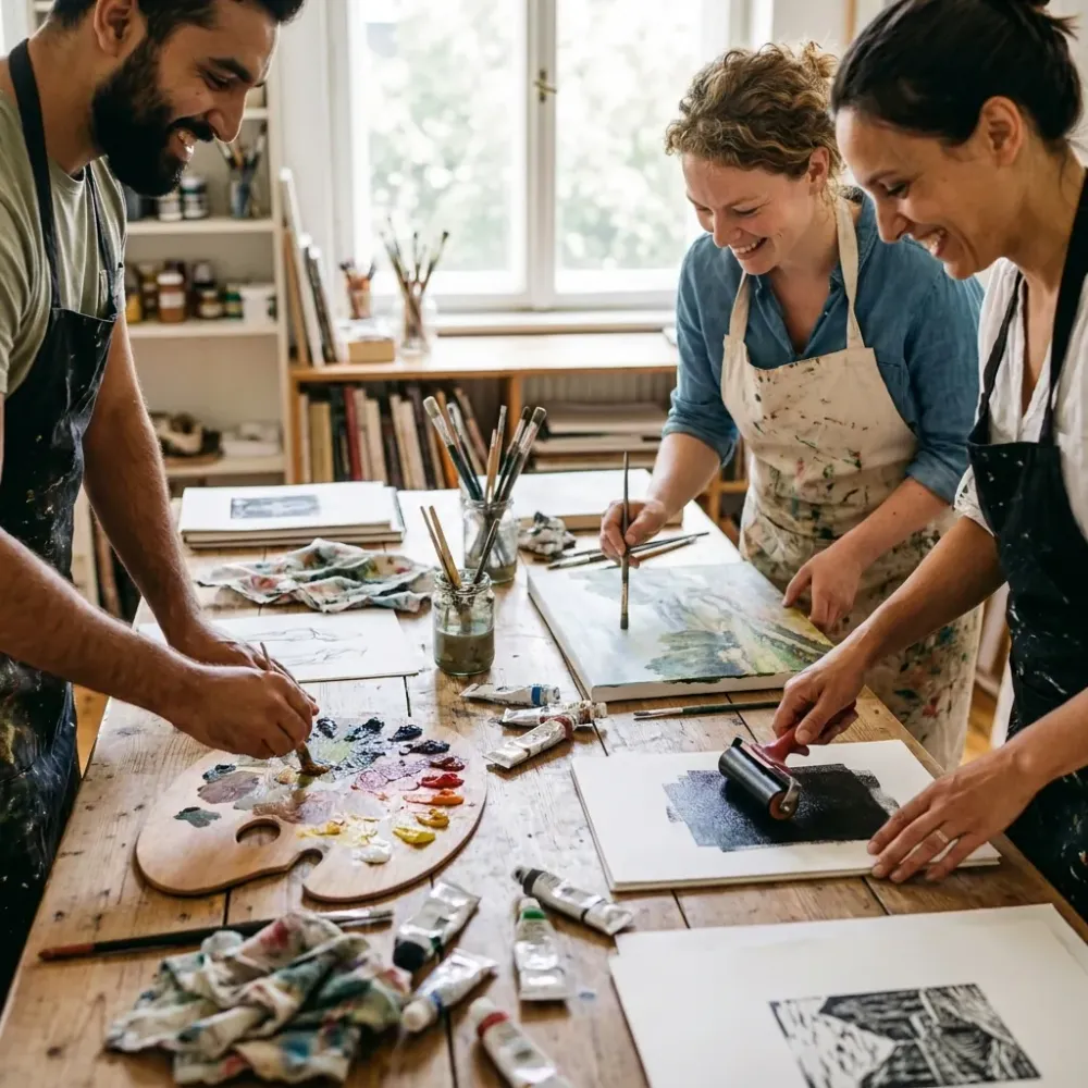 Adults create pictures and prints together at a worktable in a creative studio