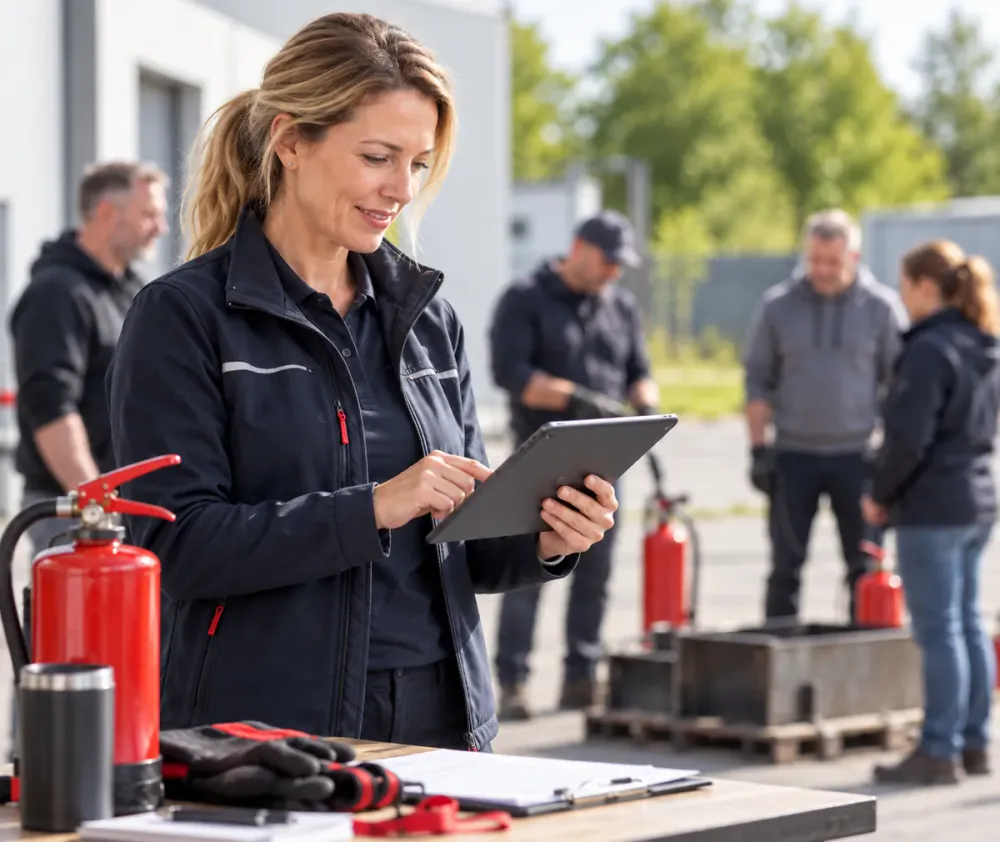 Brandschutz-Ausbilderin bereitet eine praktische Schulung mit einem Tablet vor