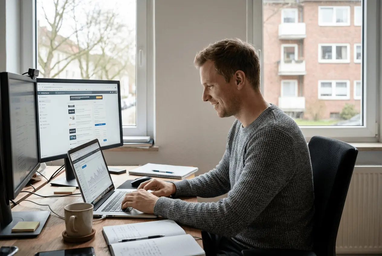 Erfolgreicher Online Marketer analysiert Conversion Raten und Coaching Einnahmen am Laptop im modernen Home Office