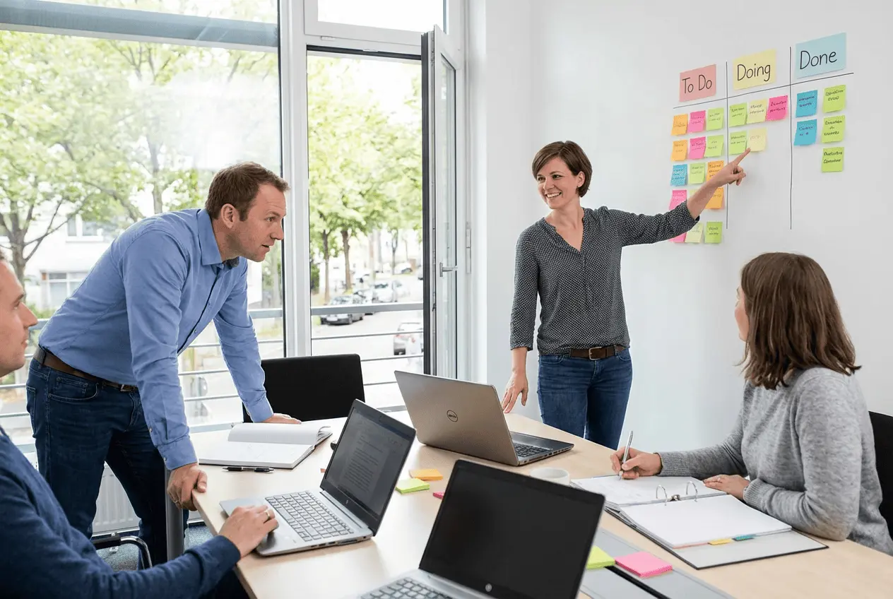 Agile Coach hält Scrum Master Workshop vor Whiteboard mit Kanban Board