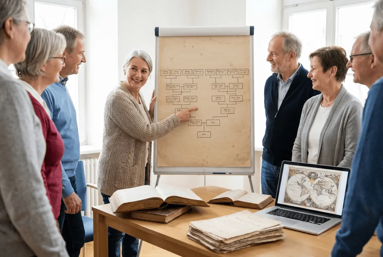 Genealogie Seminar mit Teilnehmern die alte Schriften entziffern und Familiengeschichte erforschen