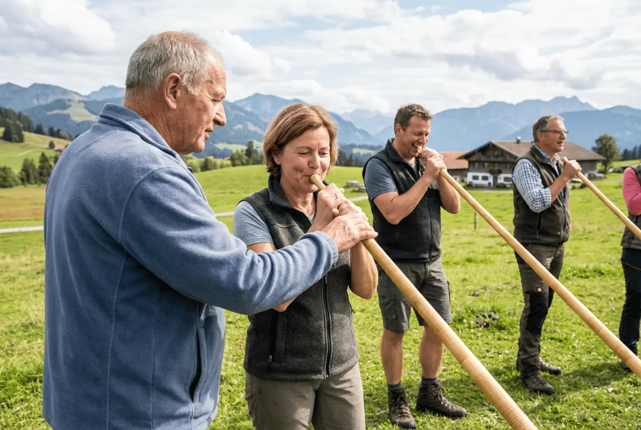 Alphornbläser beim Musizieren vor Alpenpanorama während eines Workshops