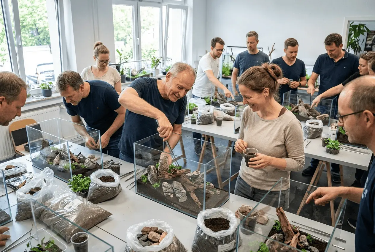 Gruppe bei einem Aquascaping Workshop lernt das Einrichten von Iwagumi und Ryuboku Layouts im Aquarium mit Soil und Pflanzen
