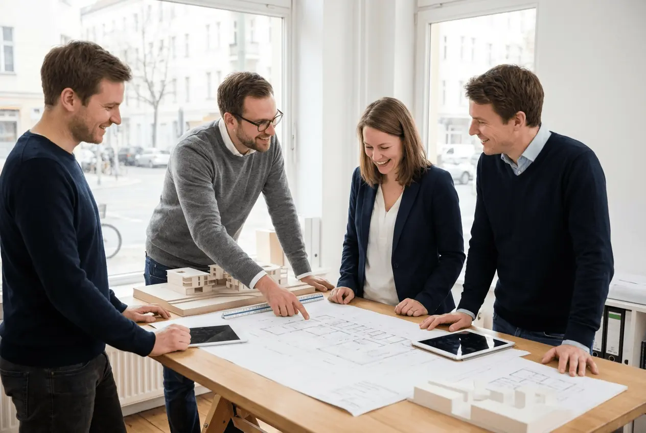Modernes Architekturbüro bei der Planung und Besprechung von Bauprojekten mit Bauherren