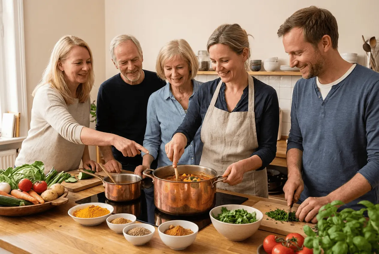 Frische ayurvedische Gewürze Kurkuma Ingwer und Gemüse auf Arbeitsplatte für Kochkurs vorbereitet