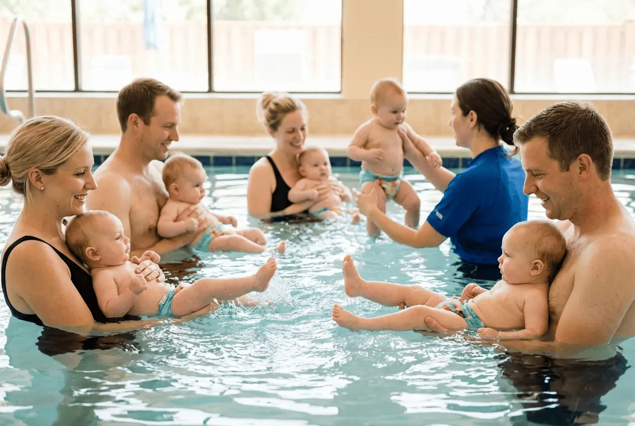 Baby beim Schwimmkurs im Wasser mit Elternteil und Schwimmlehrer