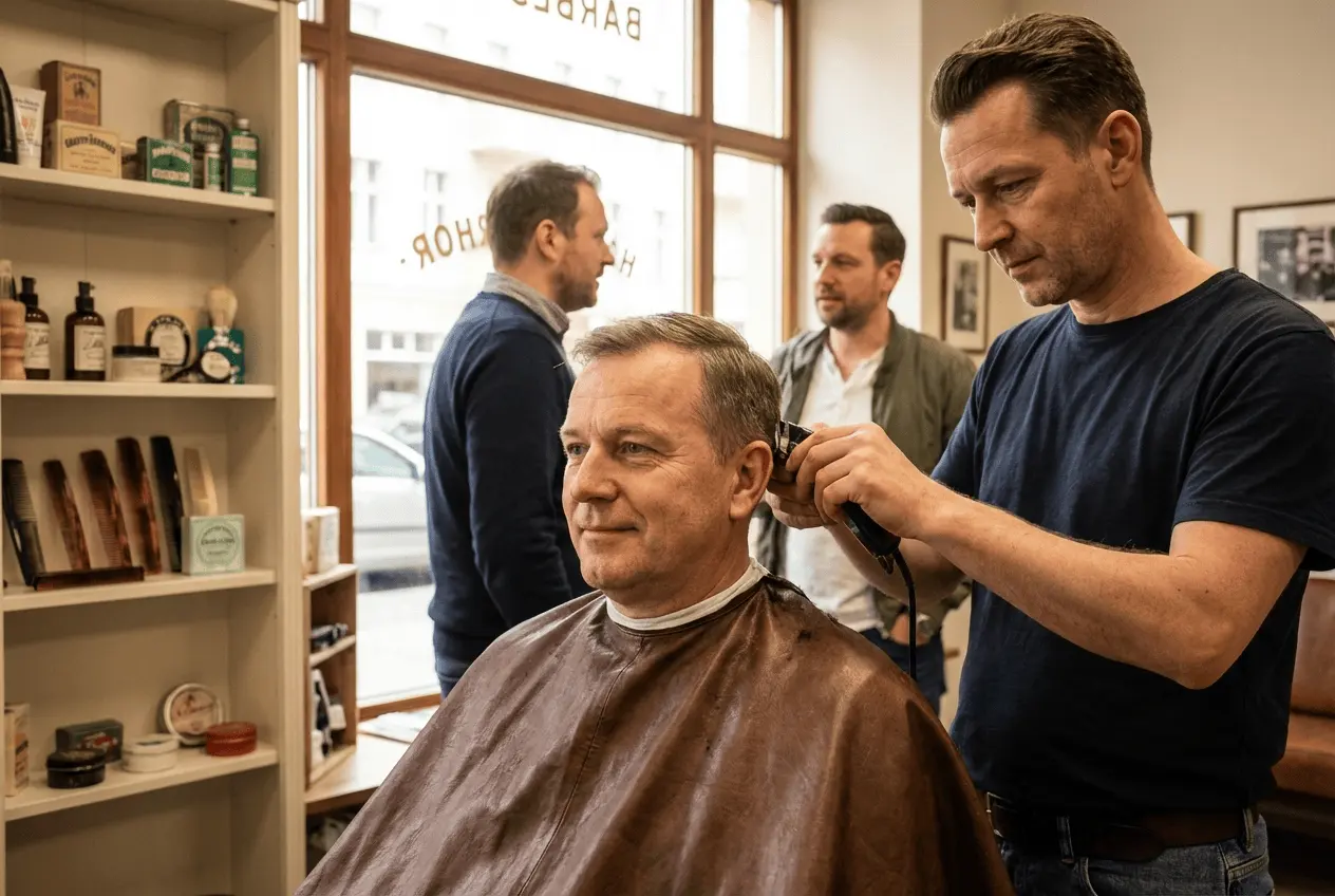 Moderner Barbershop Innenraum mit Leder-Stühlen und Friseurwerkzeug für Herrenhaarschnitte