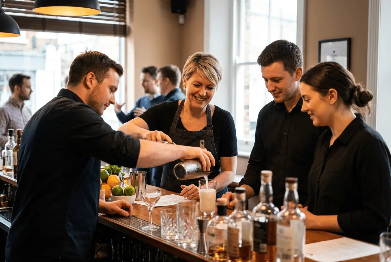 Professionelle Barkeeper Ausbildung und Cocktail Kurs Teilnehmer an der Bar