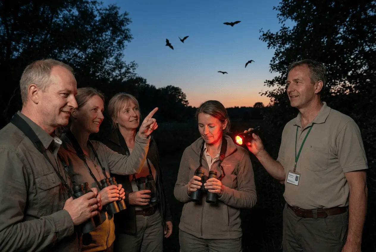 Geführte Nachtwanderung zur Bat-Watching Fledermausbeobachtung mit Gruppe im Wald