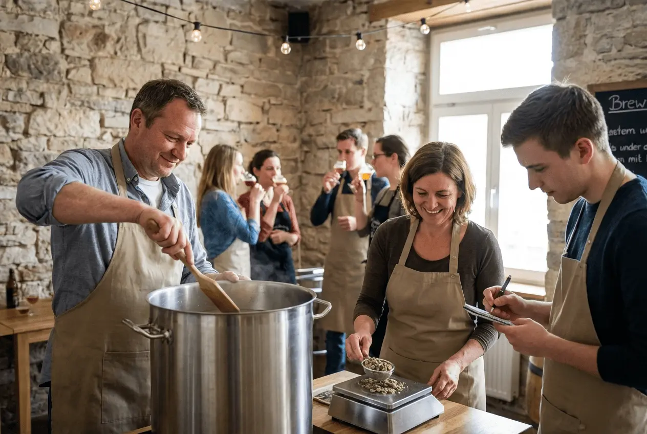Hobbybrauer beim Bierbrauen am Sudkessel in einer Brauerei