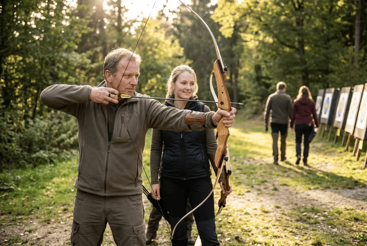 Bogenschütze mit Recurvebogen auf der Schießbahn beim Training