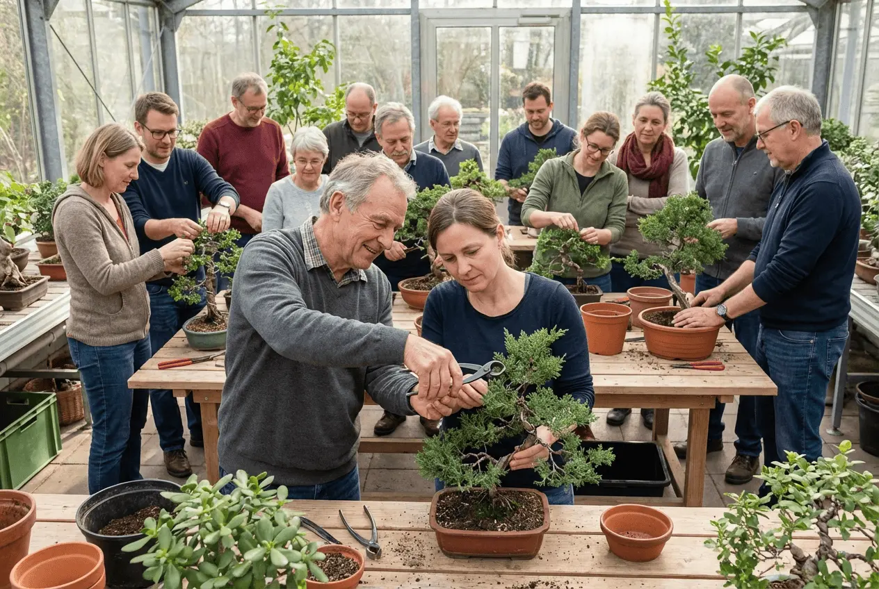 Bonsai Gestaltungskurs Workshop Teilnehmer schneiden und drahten Bäume im Gewächshaus
