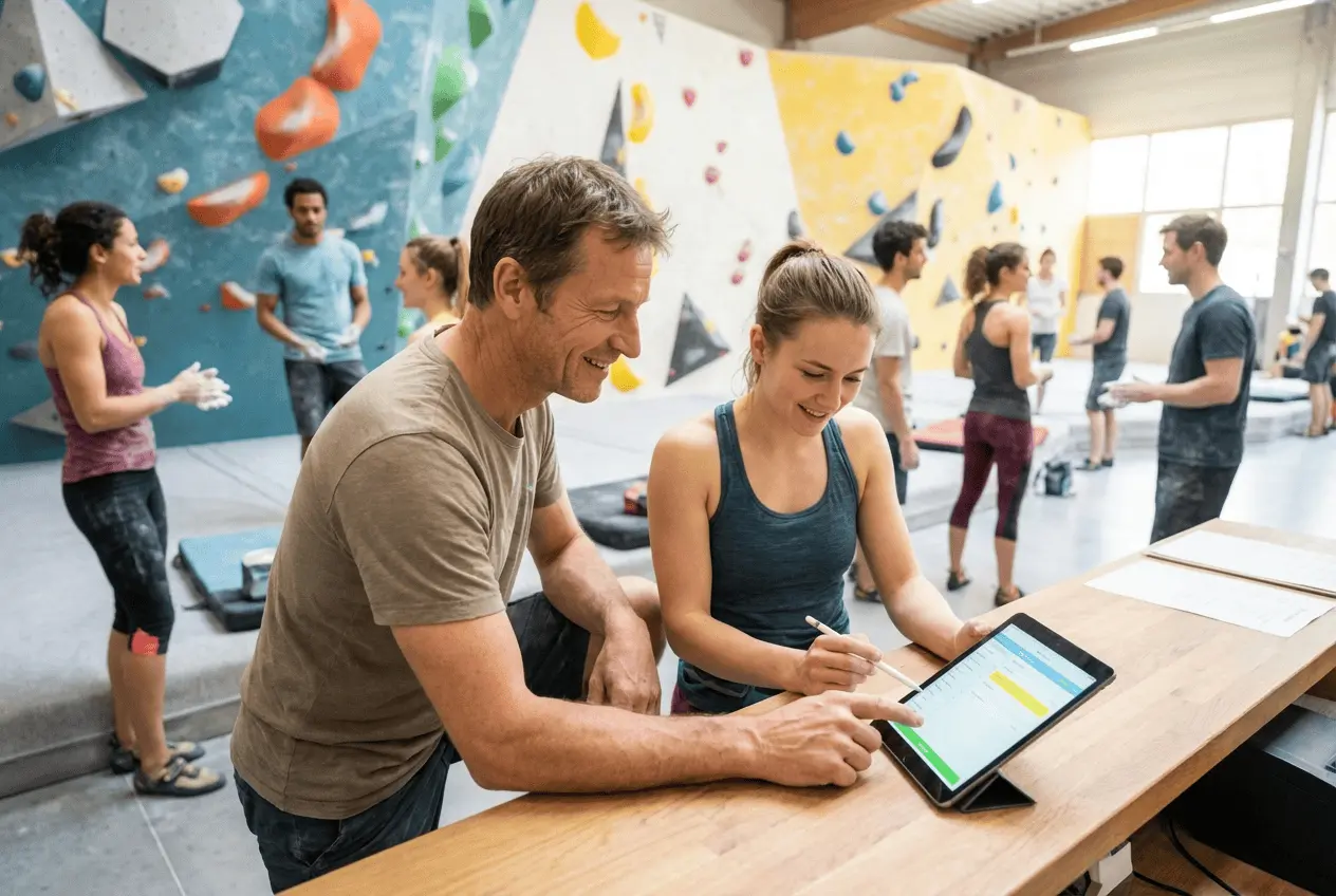 Innenansicht einer modernen Boulderhalle mit Kletterern an bunten Griffen und Mattenbereich