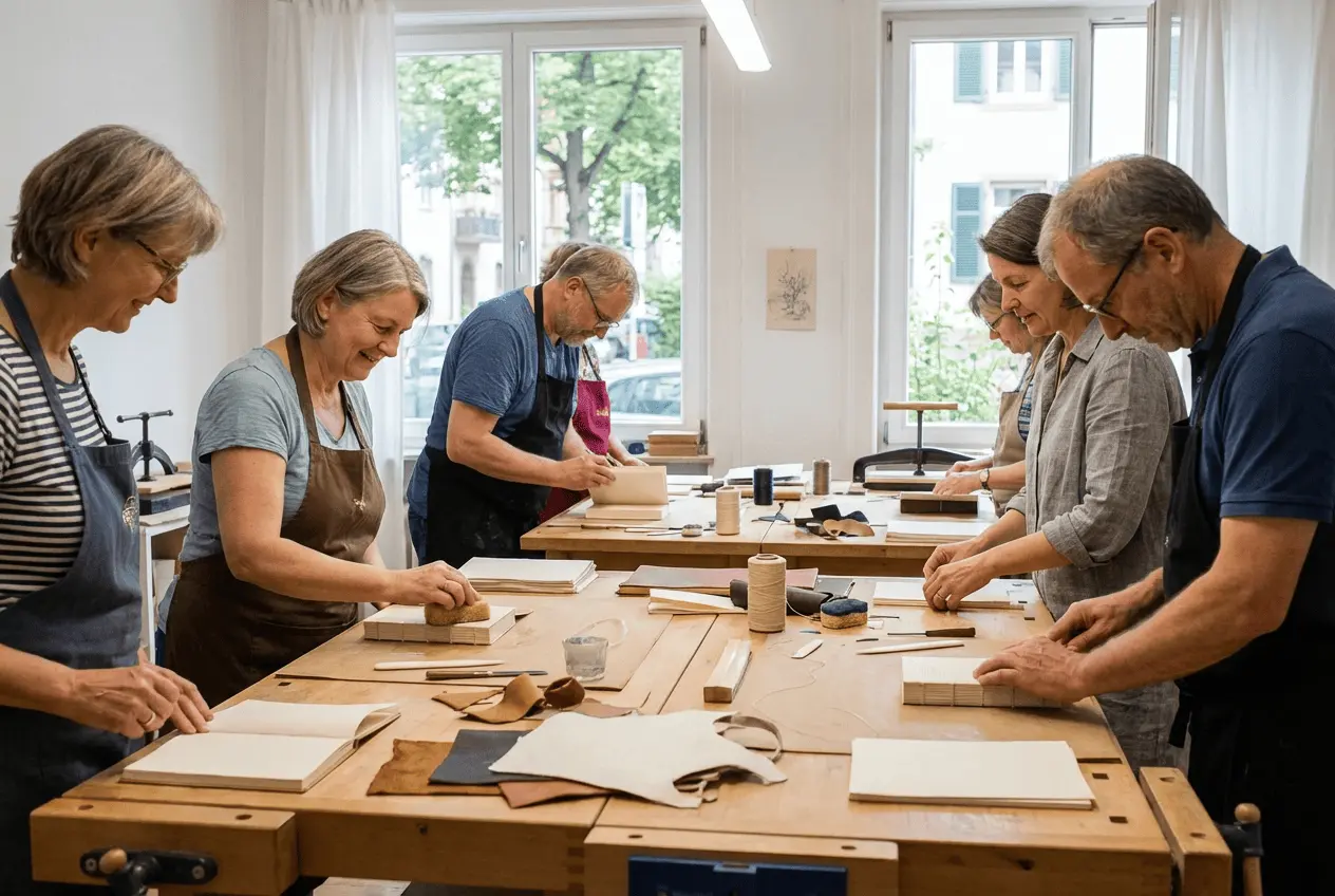 Blick in eine Buchbinderei Werkstatt mit Werkzeug für Fadenheftung und Papierbearbeitung während eines Workshops